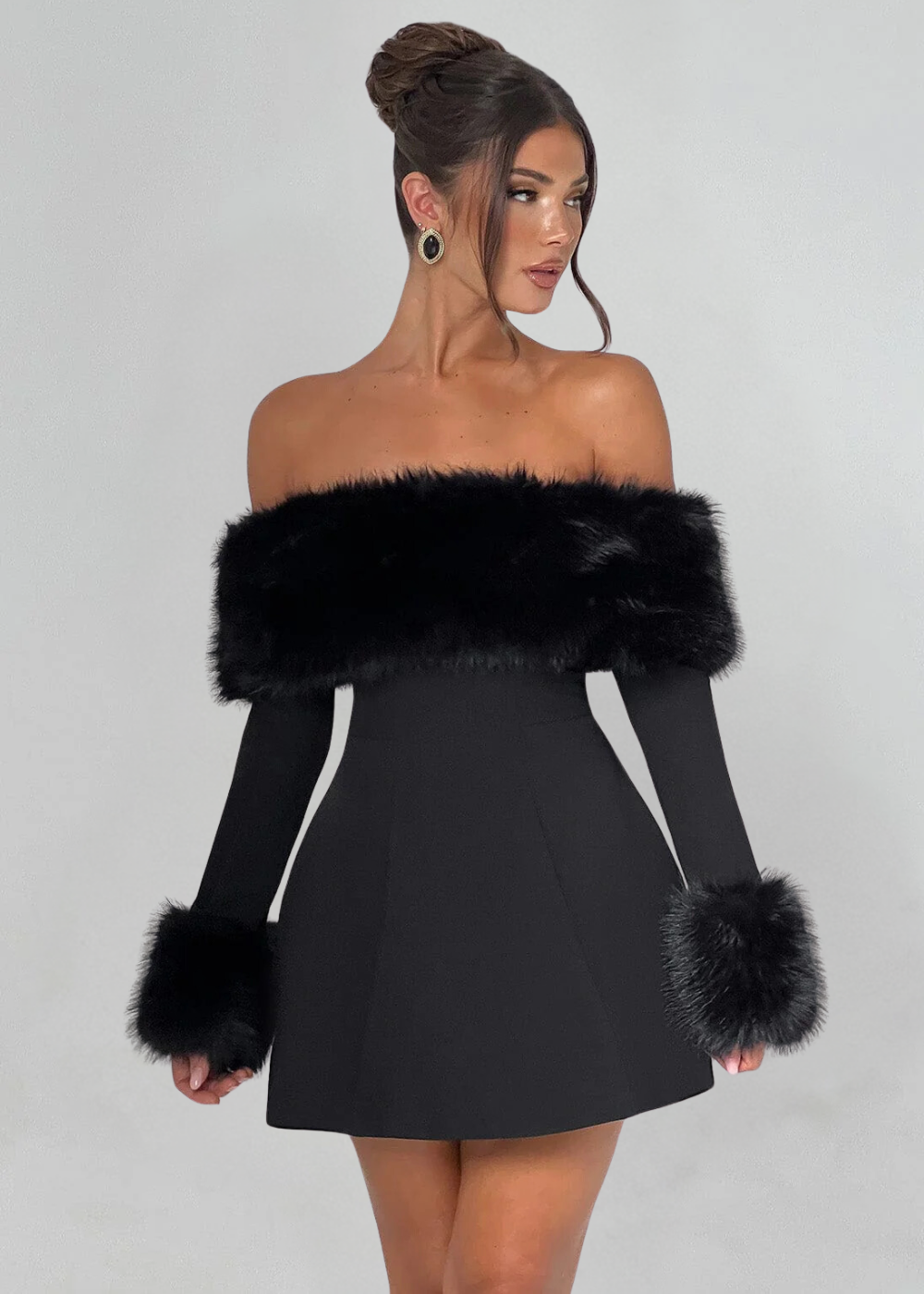 Selina | Off-Shoulder Mini Dress with Fur Sleeves