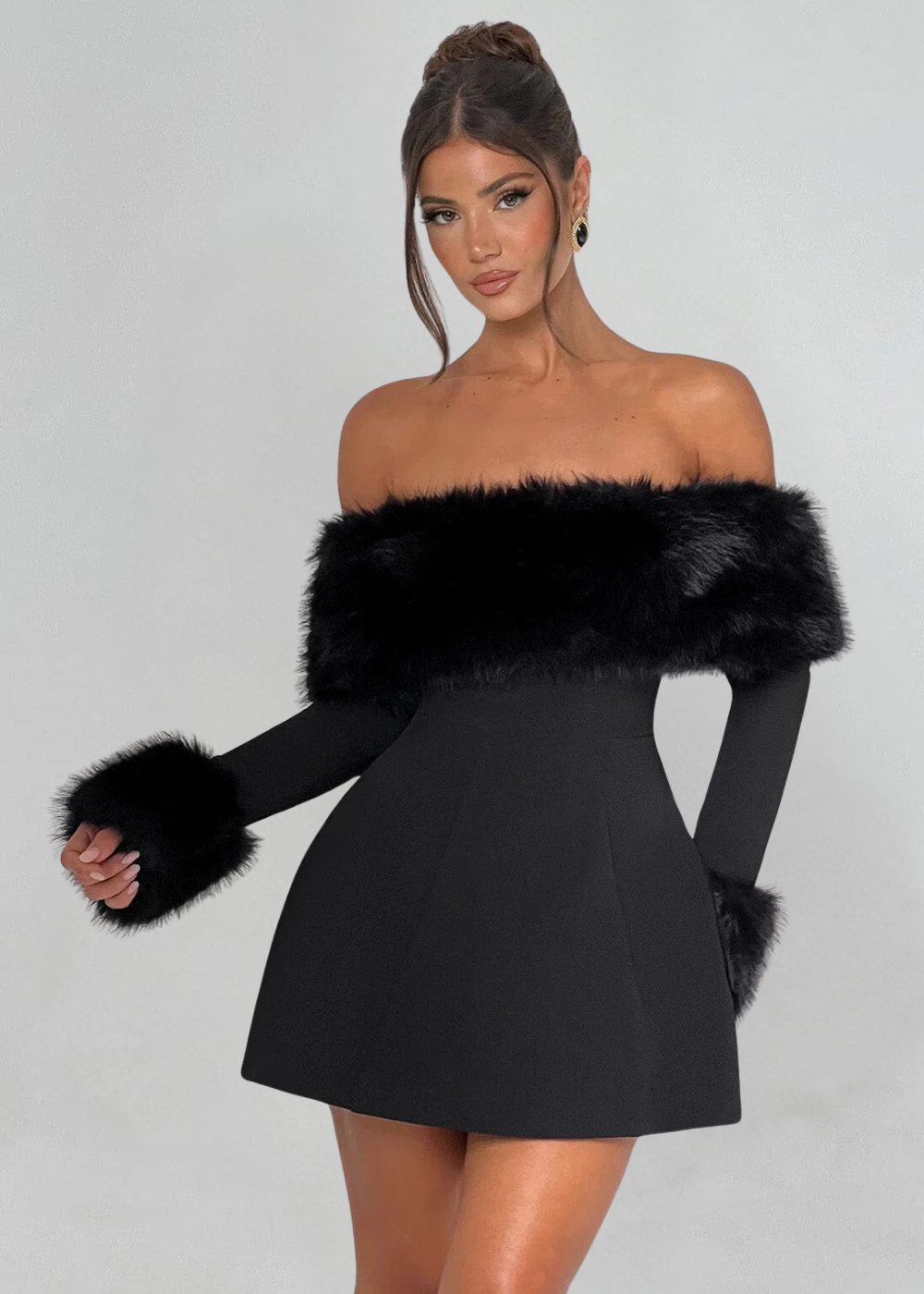 Selina | Off-Shoulder Mini Dress with Fur Sleeves