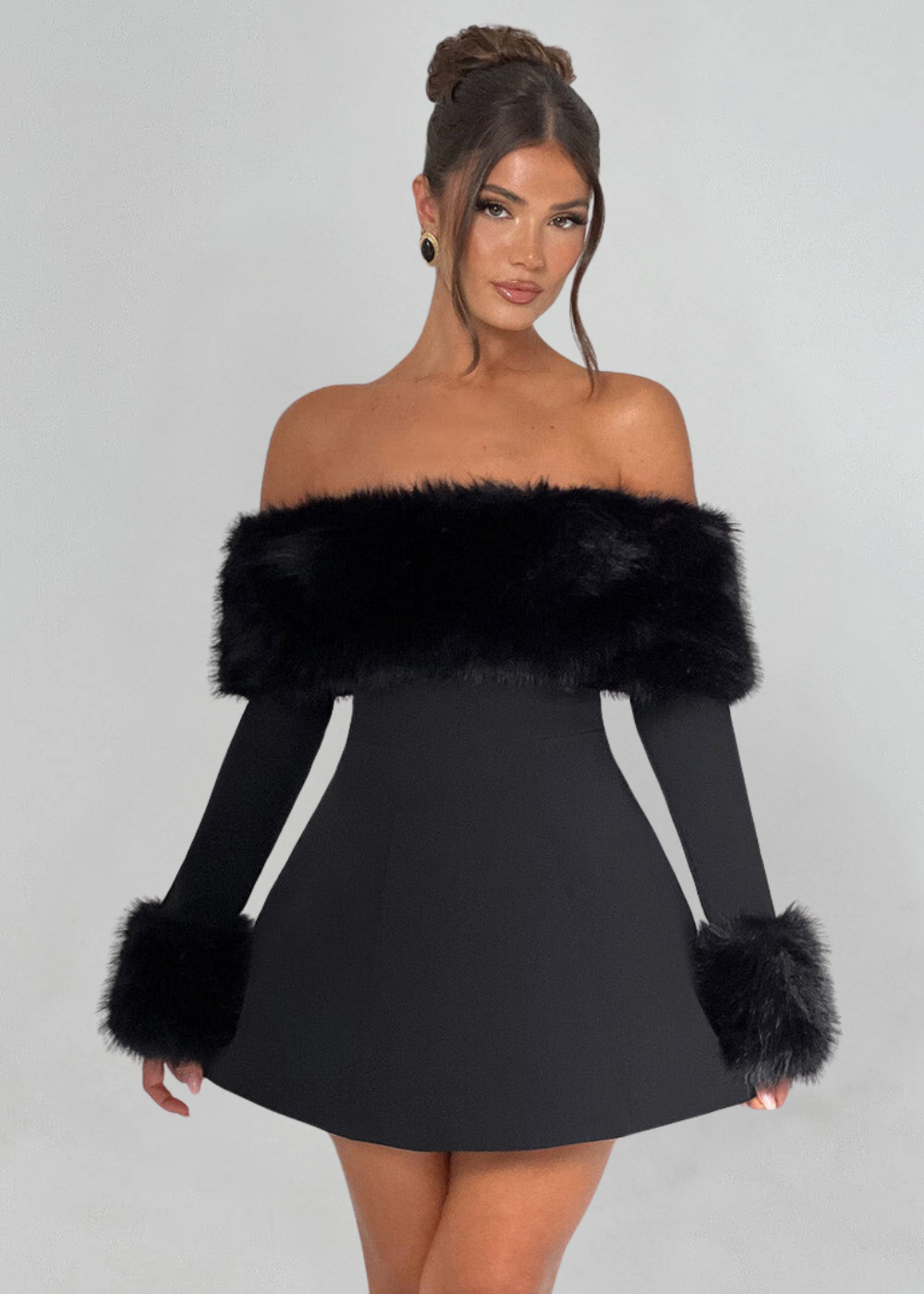 Selina | Off-Shoulder Mini Dress with Fur Sleeves