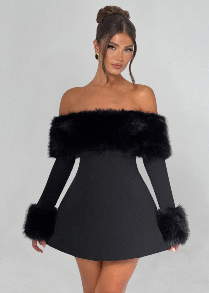 Selina | Off-Shoulder Mini Dress with Fur Sleeves