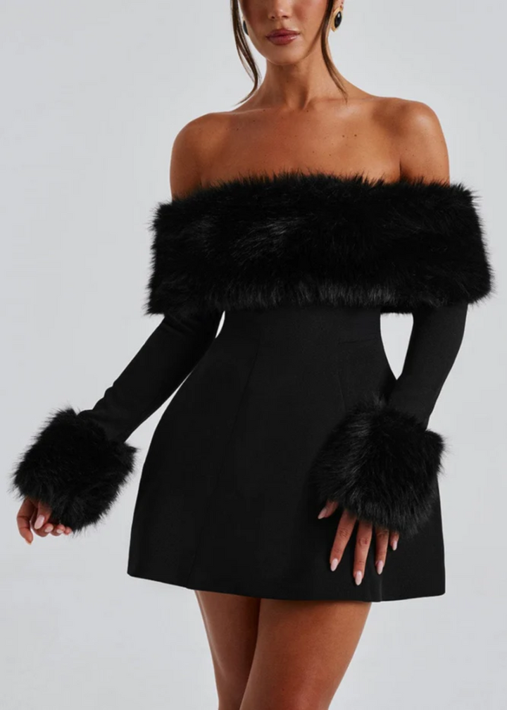 Selina | Off-Shoulder Mini Dress with Fur Sleeves