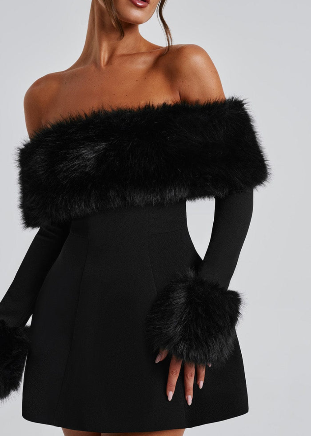 Selina | Off-Shoulder Mini Dress with Fur Sleeves