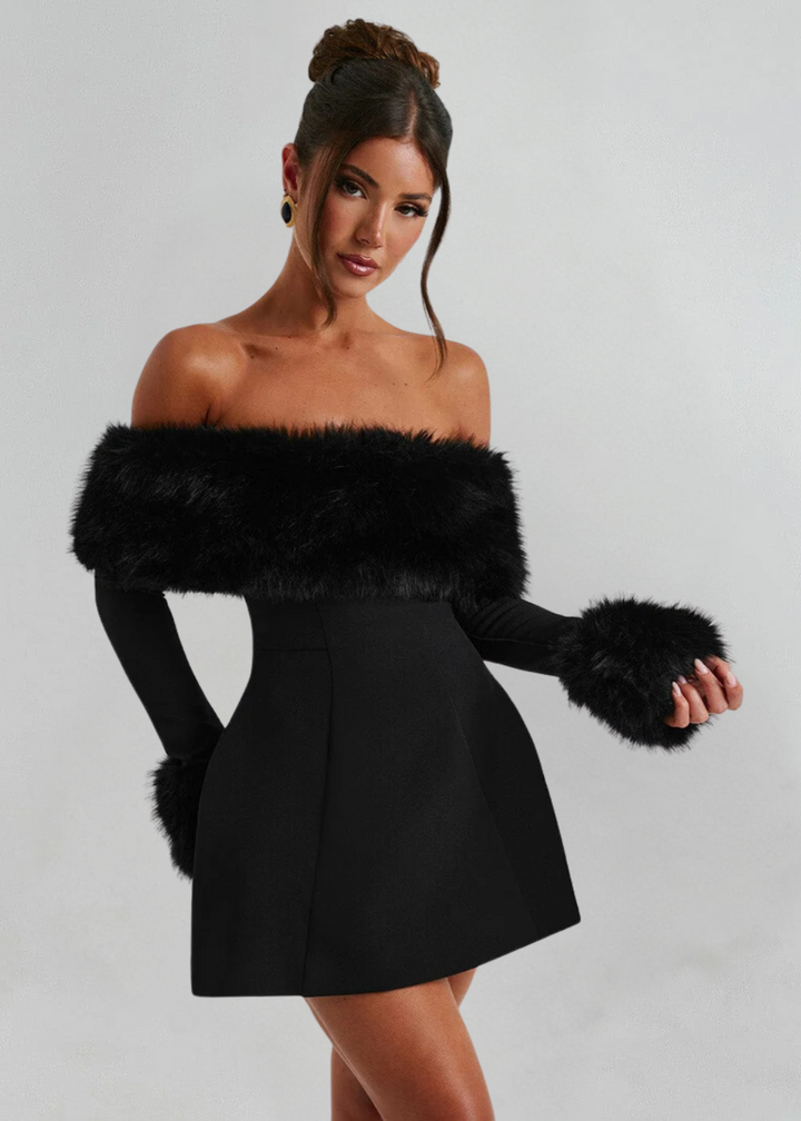 Selina | Off-Shoulder Mini Dress with Fur Sleeves