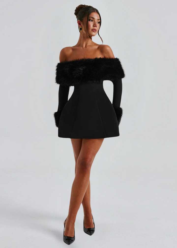 Selina | Off-Shoulder Mini Dress with Fur Sleeves