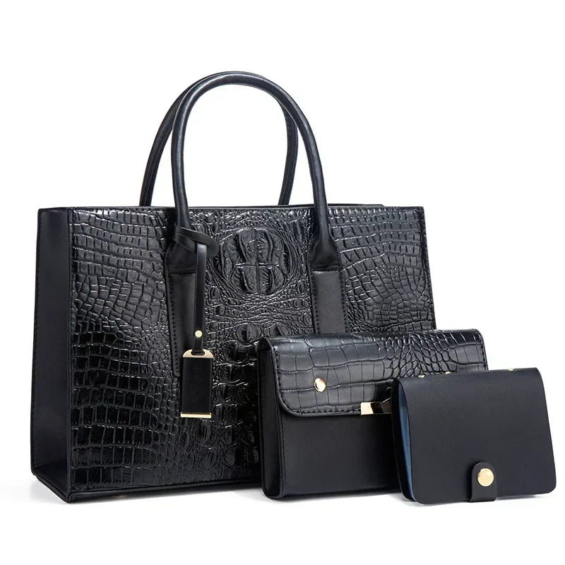 Sabrina | Elegant Crocodile-Print Handbag Set with Wallet and Clutch