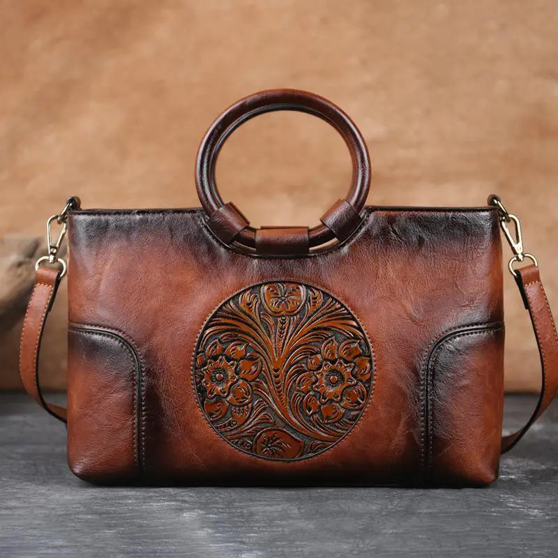 Melle - Leather Handbag with Vintage Embossed Pattern