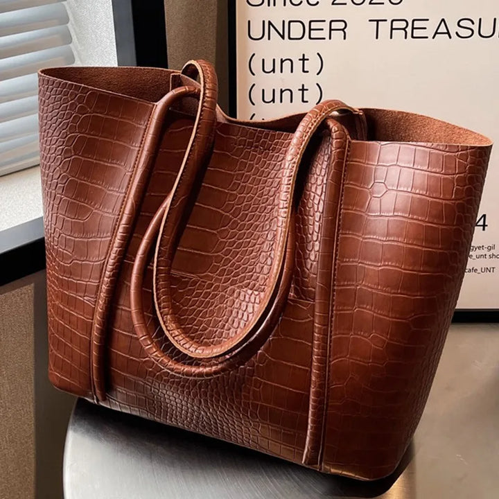 Cira | Vintage Shoulder Bag in Brown Crocodile-Print Leather