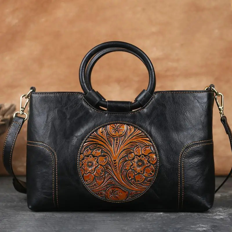 Melle - Leather Handbag with Vintage Embossed Pattern