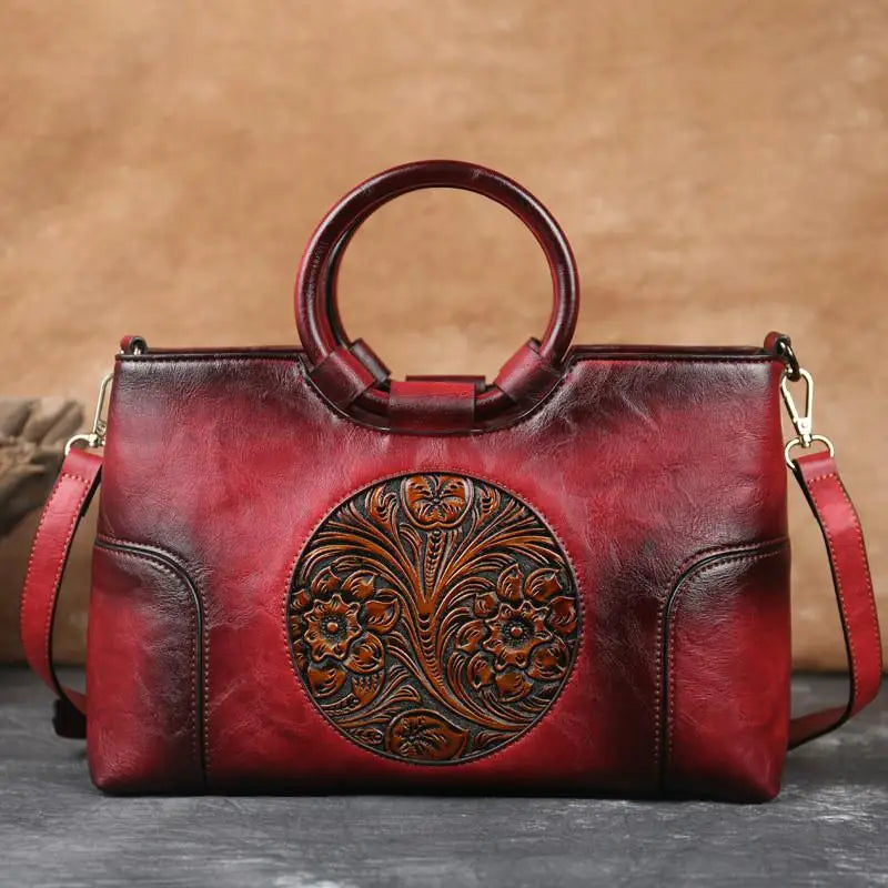 Melle - Leather Handbag with Vintage Embossed Pattern