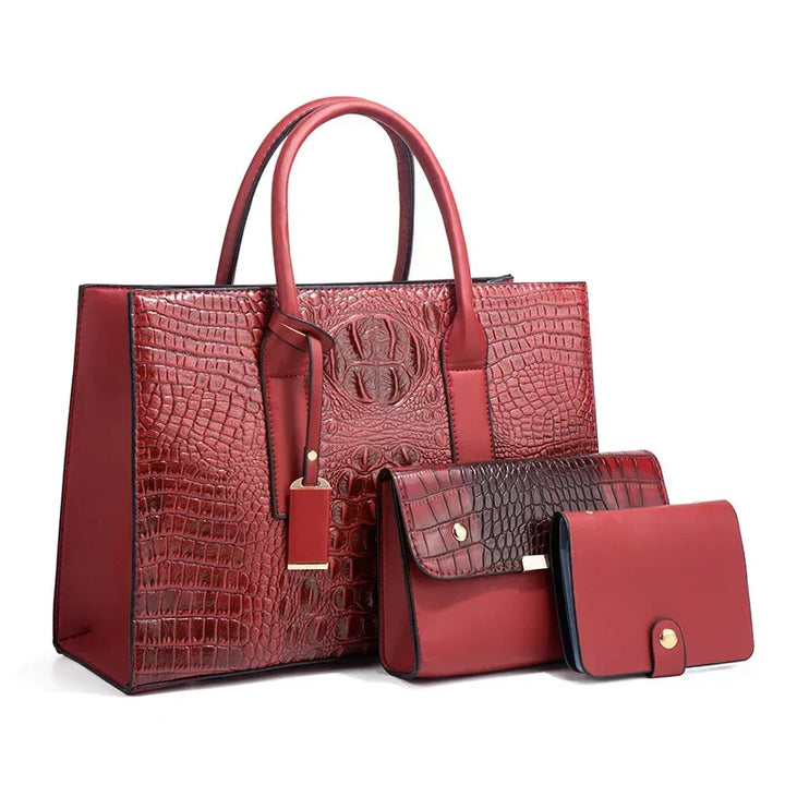 Sabrina | Elegant Crocodile-Print Handbag Set with Wallet and Clutch