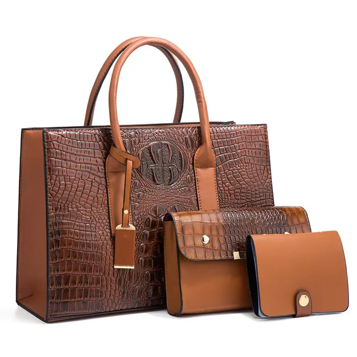 Sabrina | Elegant Crocodile-Print Handbag Set with Wallet and Clutch