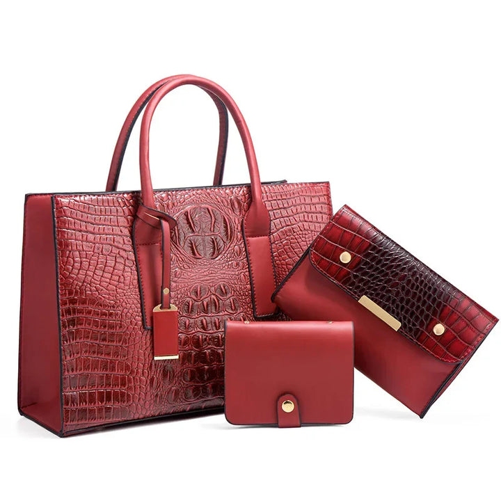 Sabrina | Elegant Crocodile-Print Handbag Set with Wallet and Clutch