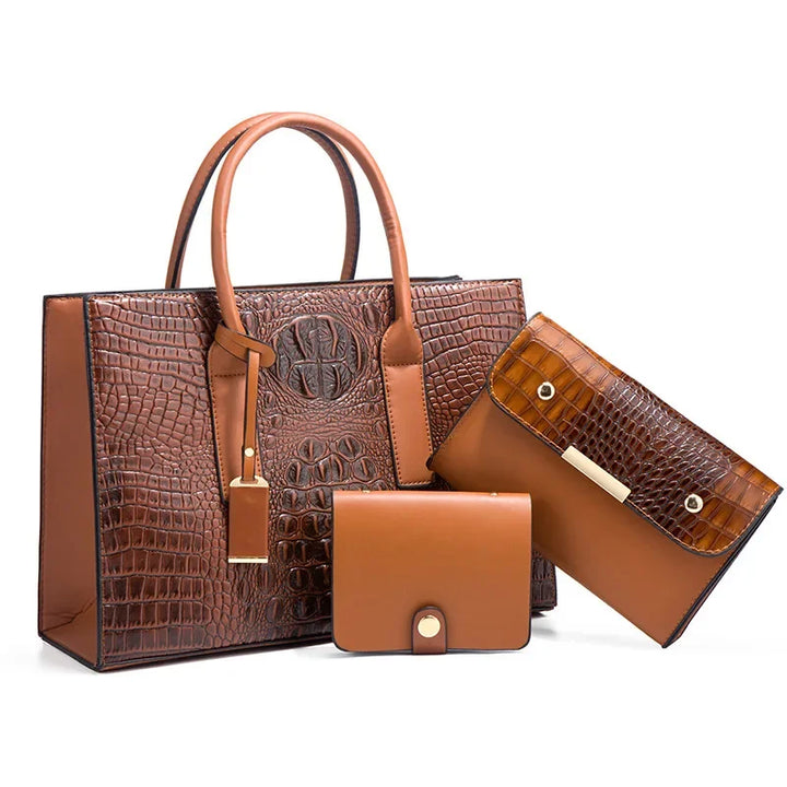 Sabrina | Elegant Crocodile-Print Handbag Set with Wallet and Clutch