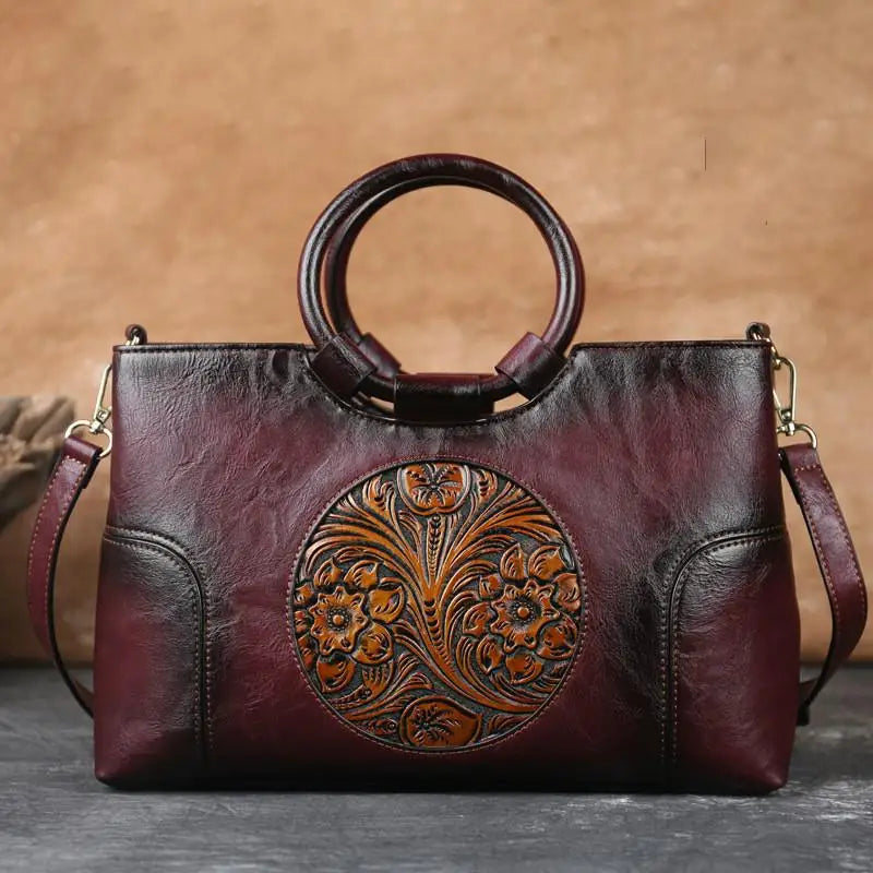 Melle - Leather Handbag with Vintage Embossed Pattern